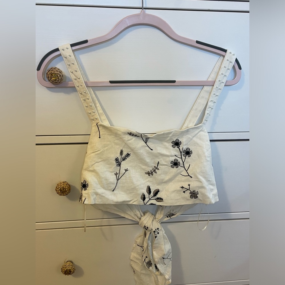 House of Harlow Cropped Tie Linen Embroidered Top